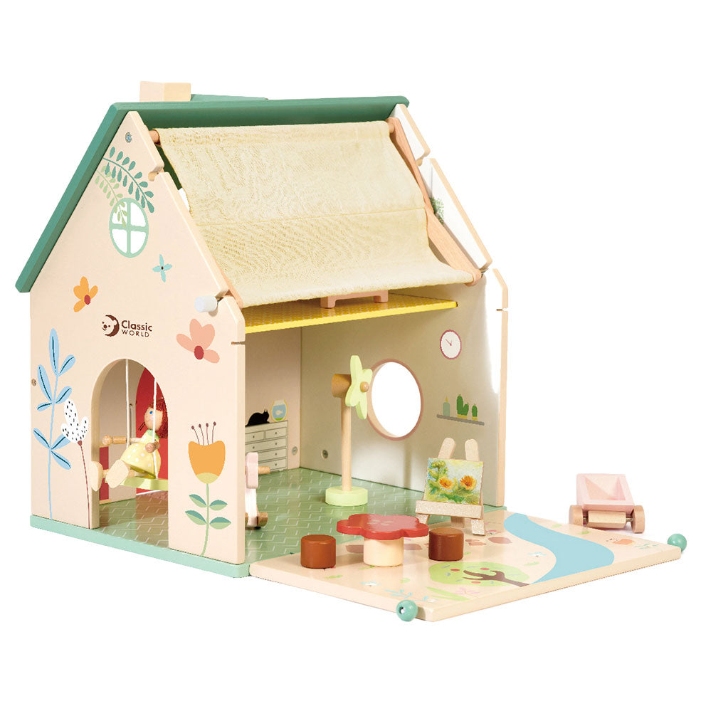 Classic World houten poppenhuisje met tuintje, 10dlg.