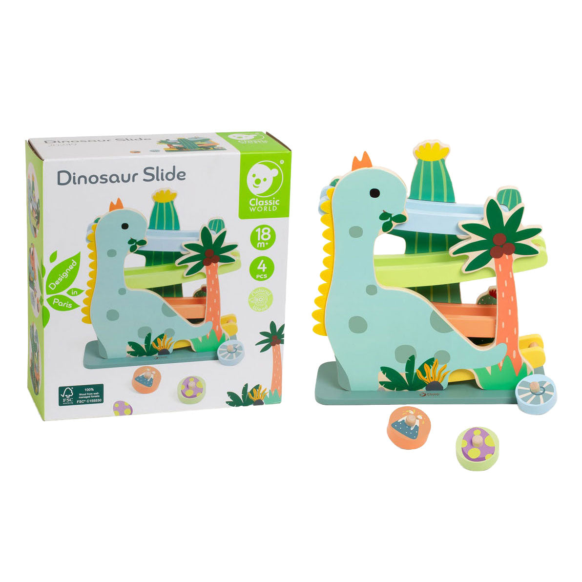 Classic World houten ballenbaan dinosaurus, 4dlg.