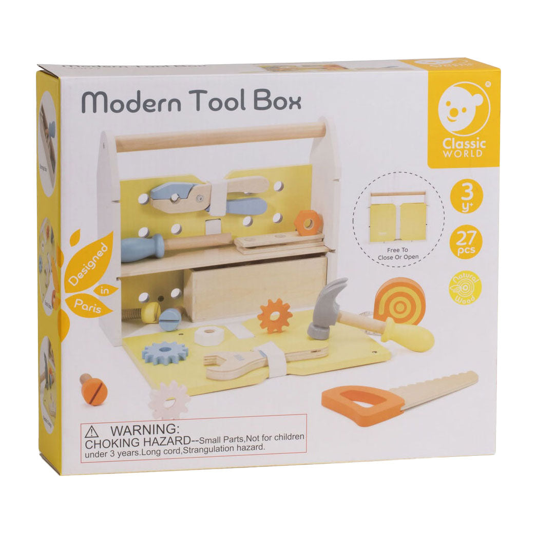 Classic World houten gereedschapskist modern - speelgoedset 27-delig.