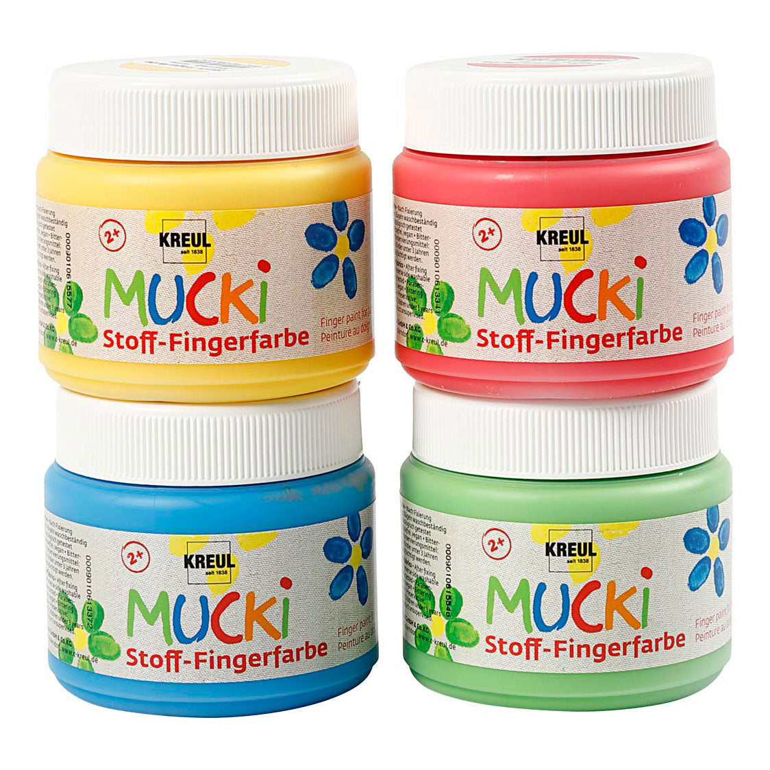 Creativ Company Muck vingerverf blauw groen rood geel, 4x150ml