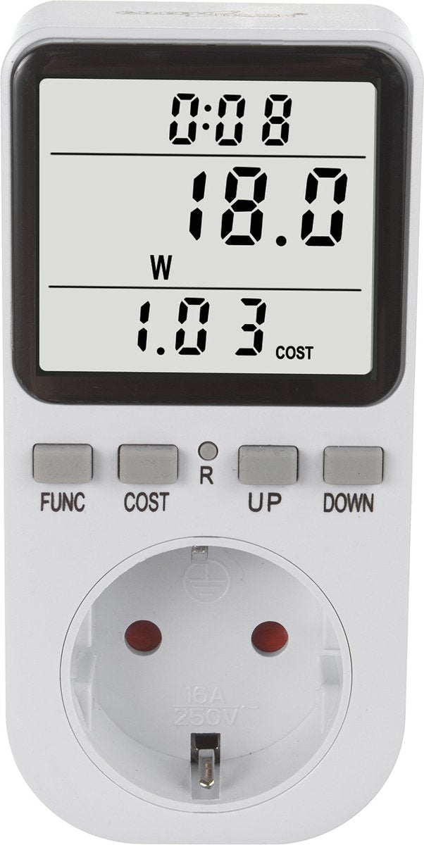 GreenBlue - energiemeter – verbruiksmeter - wattmeter - elektriciteitsmeter – energiekosten- type f, 220-240v ac, 50hz, max. belasting 16a, ip20, ingebouwde batterij, gb364 f - voor nederland