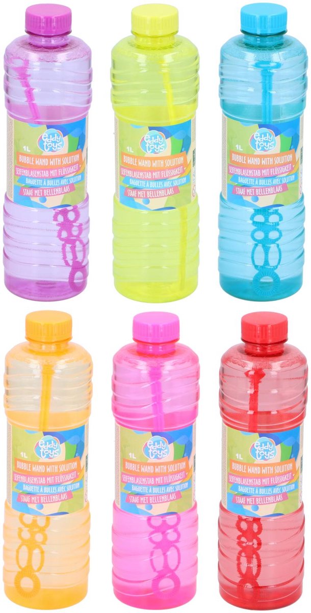 Eddy Toys bellenblaas 1l met staf - bellenblaas met vloeistof - zeepbellen maken buiten - inclusief bellenblaas staf - 1 willekeurige kleur