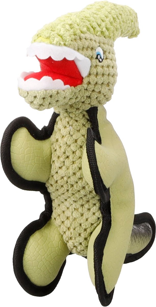 Flamingo Hondenspeelgoed - saura dinosaurus kaki l - pluche latex - met squeaker - ribfluweel afwerking - 10,5 x 25,5 x 23,5 cm