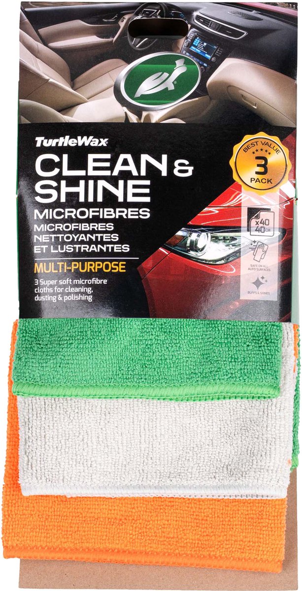 Turtle Wax clean shine microfibres - mix van polyester en polyamide - verwijdert veilig polishes, wax, coatings en sealants - voor alle blanke lakoppervlakken - machinewasbaar - 3 stuks - 40x60cm