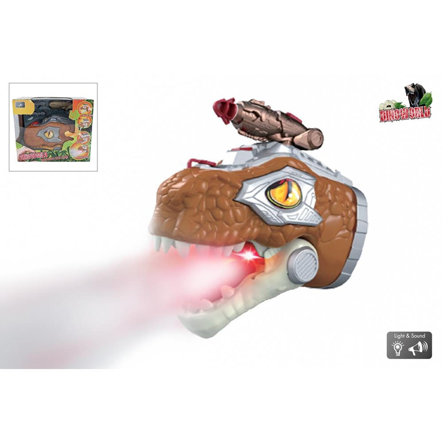 Dinoworld Dino handpop met stoom en l+g 17cm