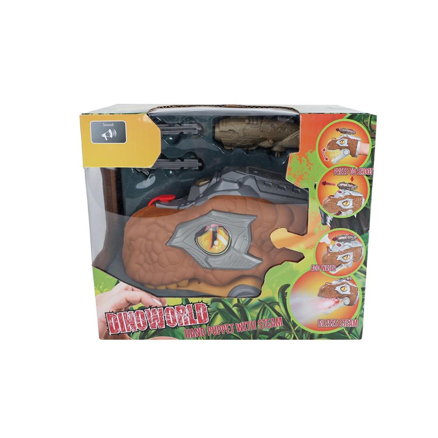 Dinoworld Dino handpop met stoom en l+g 17cm