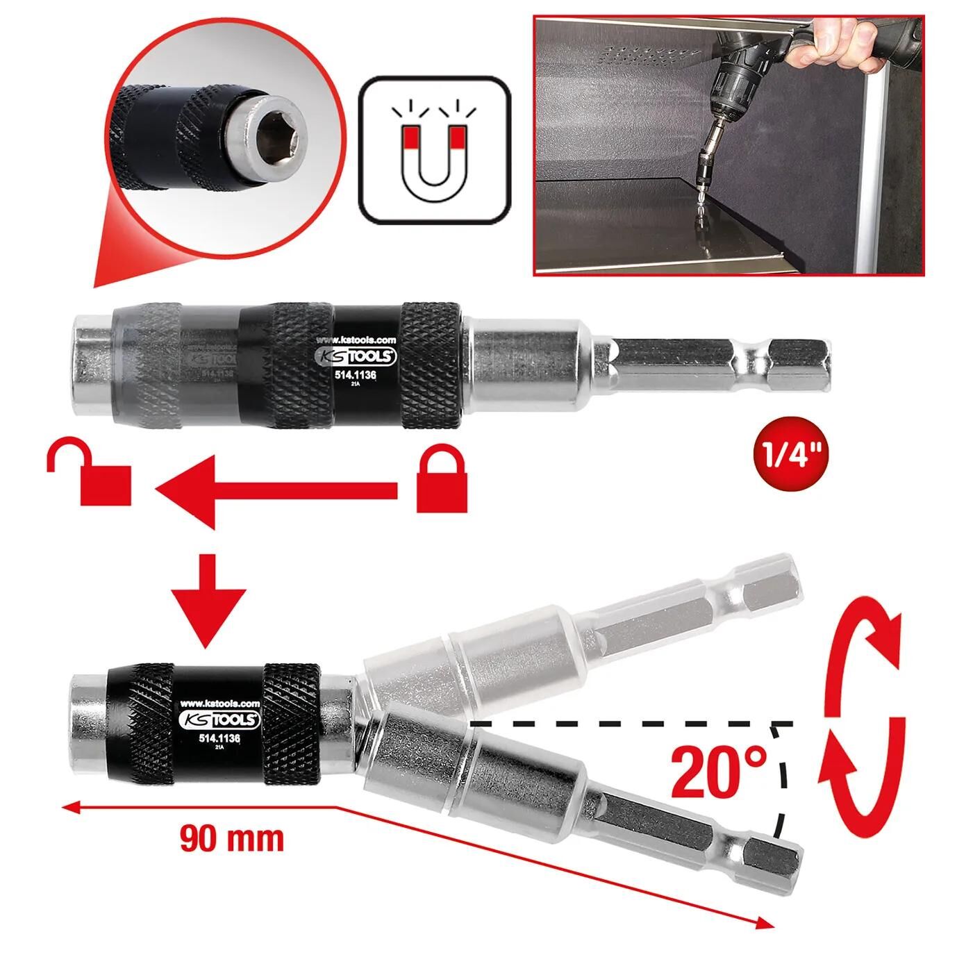KS TOOLS bithalter magn. quick-release bit h 1 4 m.joint