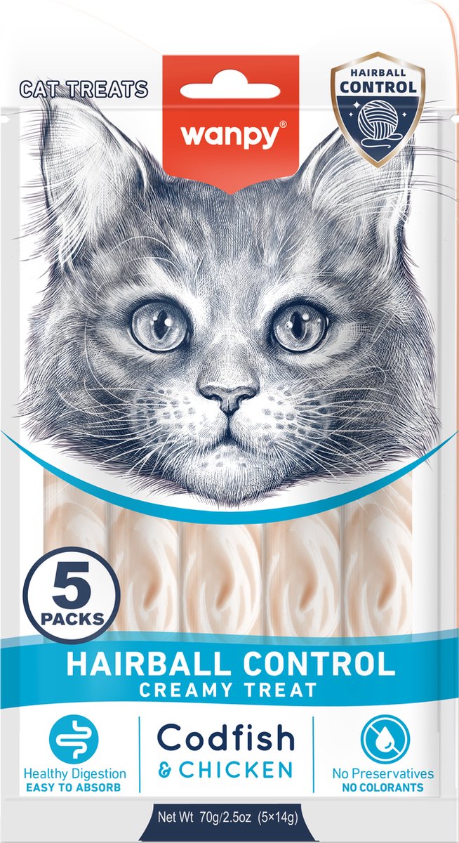 Wanpy - likbare snack met functie - kabeljauw kip - haarbal controle - 5 x 5 sticks van 14 gram