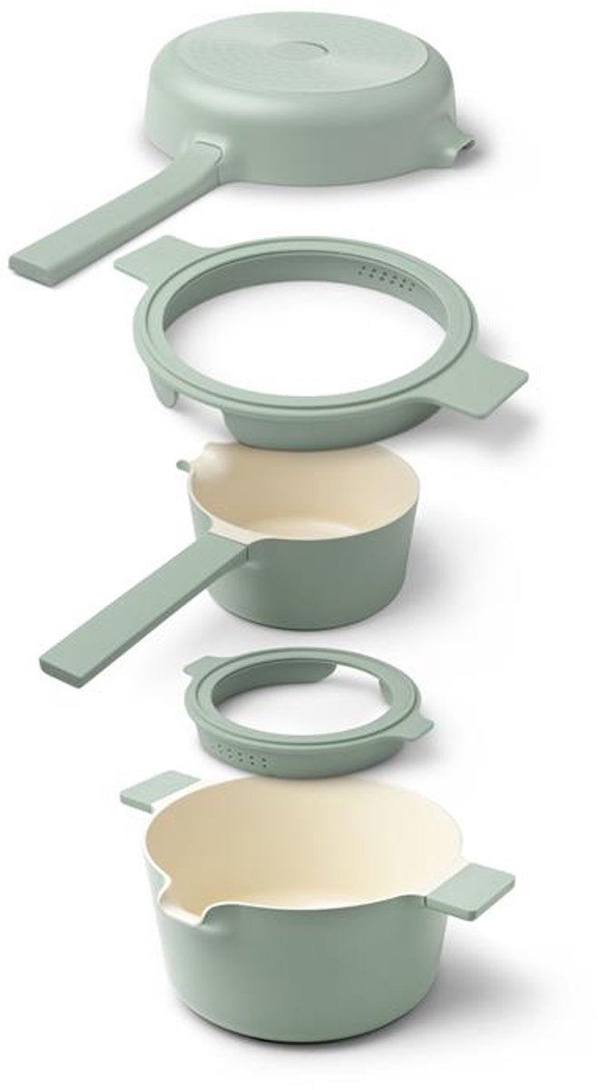 Brabantia compact stapelbare 5-delige pannenset - ruimtebesparende 5-in-1 kookpannenset - pfas-vrij - geschikt voor inductie - ovenbestendig - trendy kleur jade green