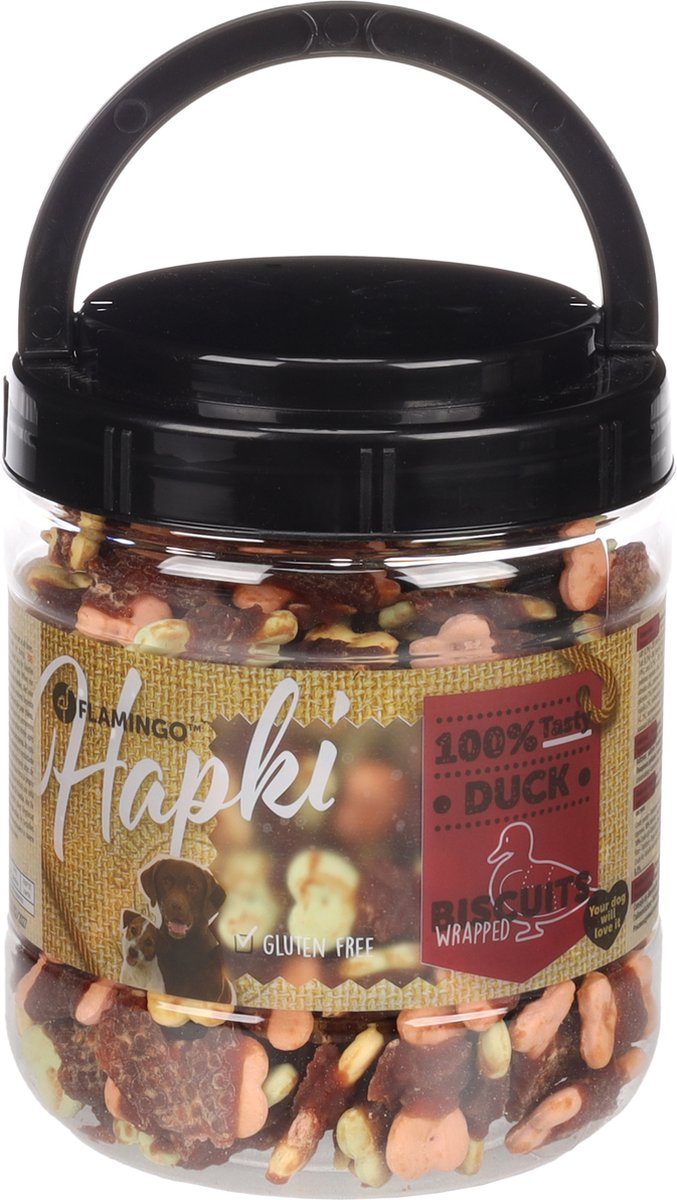 Flamingo Hondensnack - koekjes met eend – hondensnacks – honden snacks – hondensnoepjes – glutenvrij – zonder toegevoegde suikers – 550g bewaaremmer