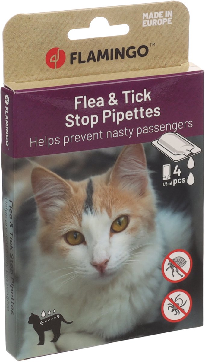 Flamingo Vlooiendruppels kat – batali vlo teek stop pipetten 4x1,5ml – anti-parasietendruppels – tegen vlooien – teken en mijten – met dimethicone – zonder insecticide – geschikt vanaf 3 maanden – voor alle huidtypes