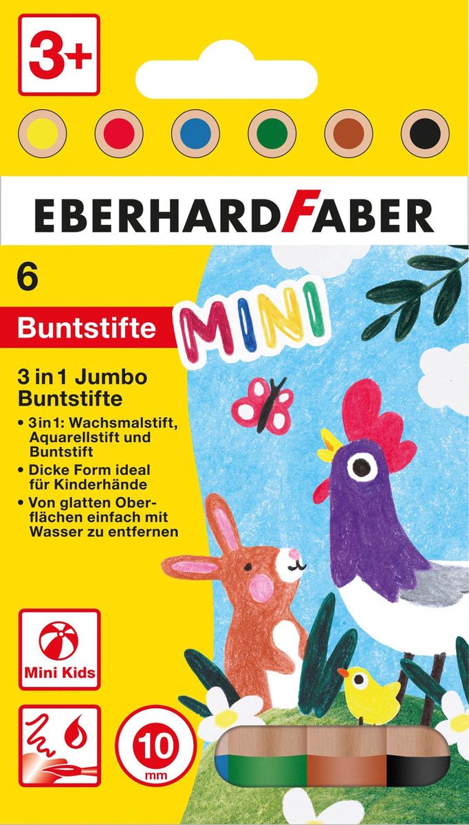 Eberhard Faber kleurpotloden - minimaxi - etui 6 stuks - 10mm dik - breukvast - ef-518905