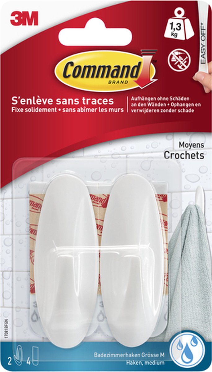 3M Command™ designer haak met waterbestendige strips 17081b, medium, 2hks+4s pak