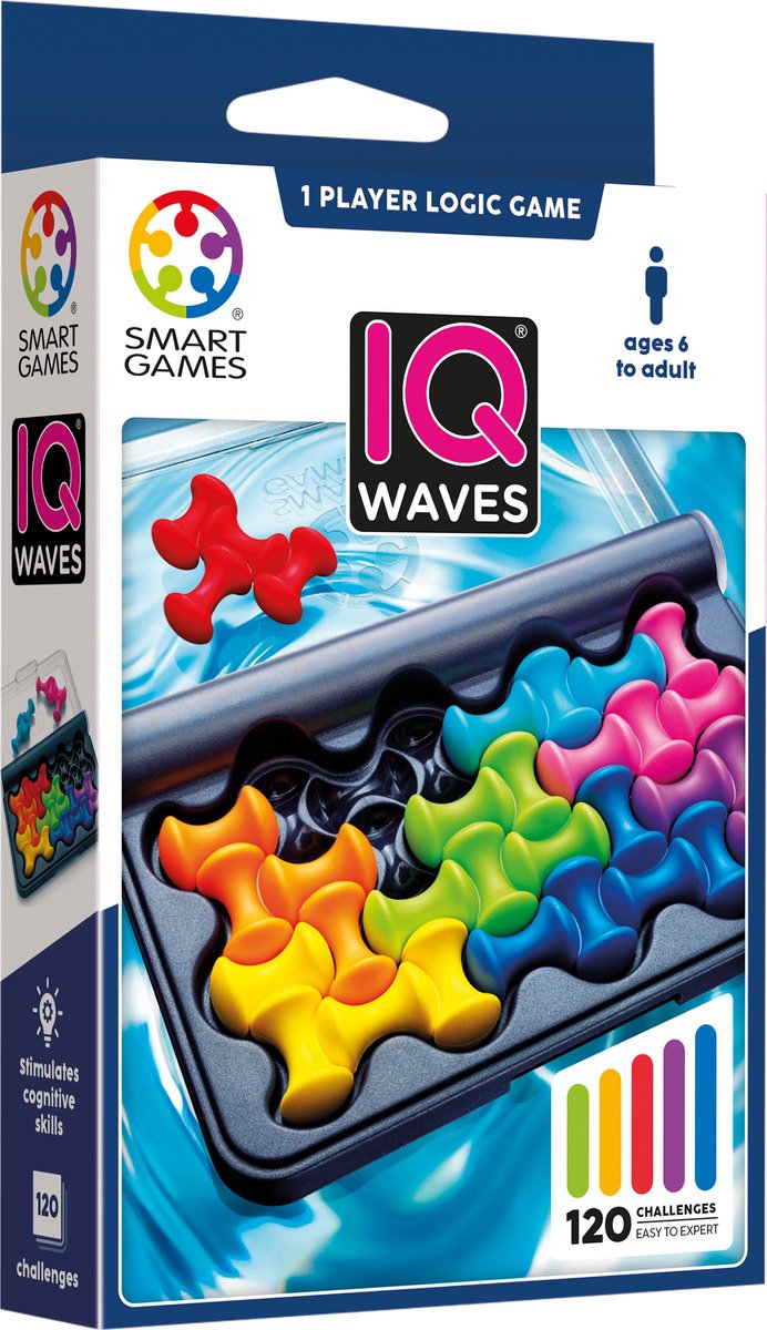 SmartGames iq waves - logisch denkspel reispuzzel - 120 opdrachten met golvende vormen - educatief solospel met soft-touch - vanaf 6 jaar