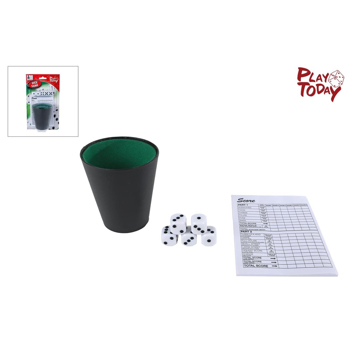 PlayToDay Play today dobbelspel met beker en 5 dobbelstenen