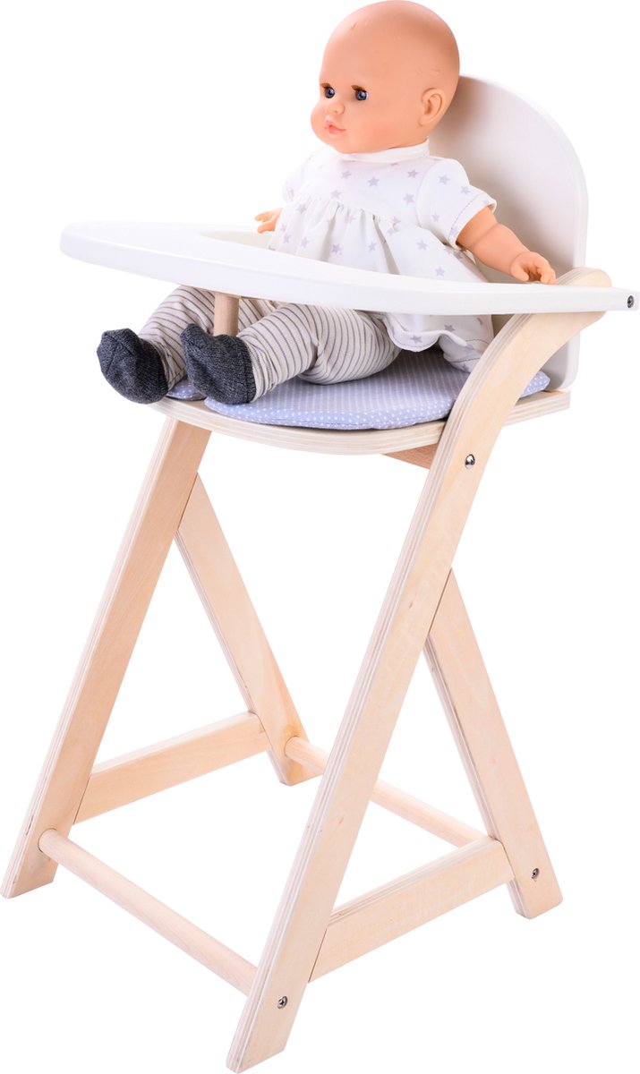 Longfield Poppenstoel grijs wit – houten poppenkinderstoel met kussentje – poppenstoel voor rollenspel – geschikt voor alle poppen – engelhart