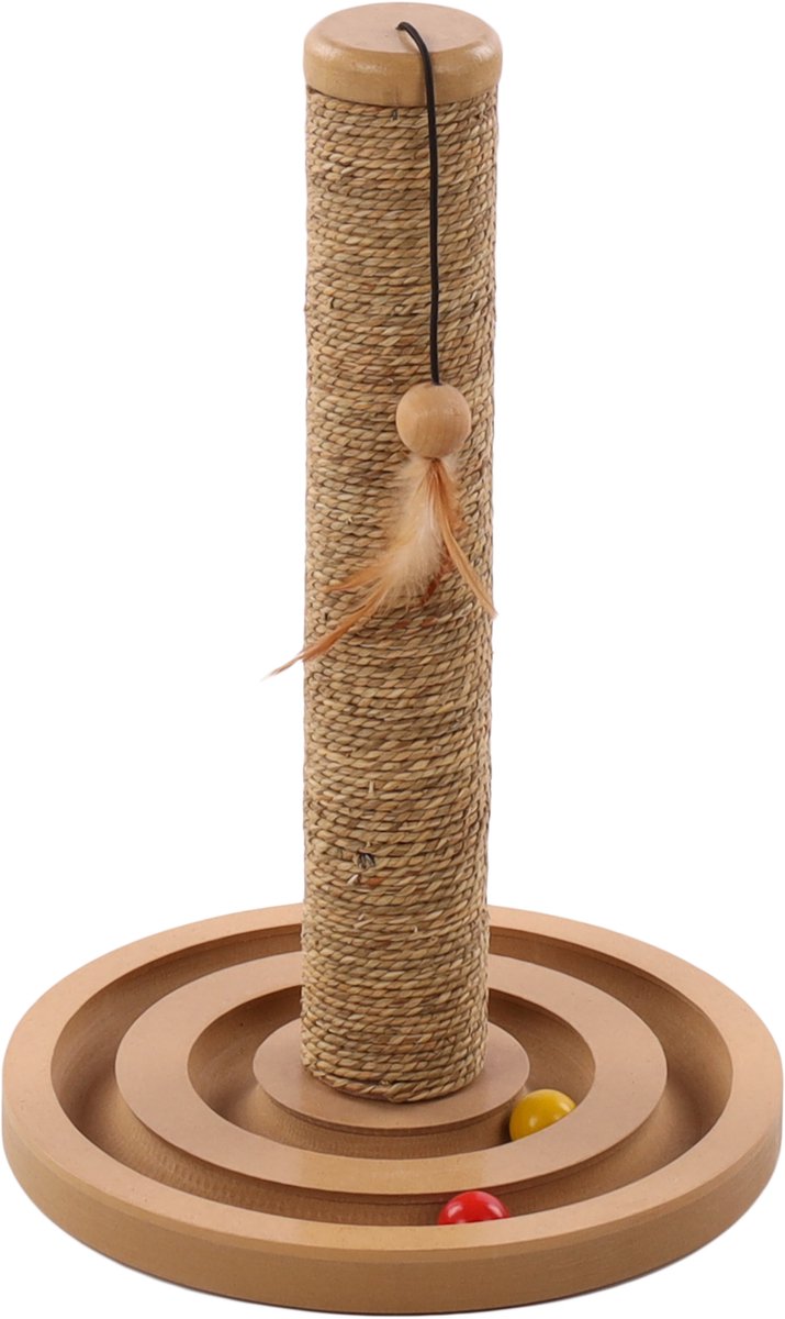 Flamingo Krabpaal – brigitte bruin naturel – 30 × 30 × 45,5 cm – zeegras krabpaal – met speeltje – compact – voor katten
