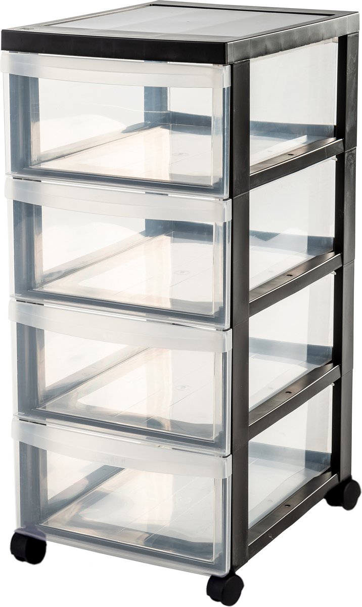 IRIS design chest ladekast - 4 half diepe lades - 4x 11l - kunststof - zwart transparant - met wielen