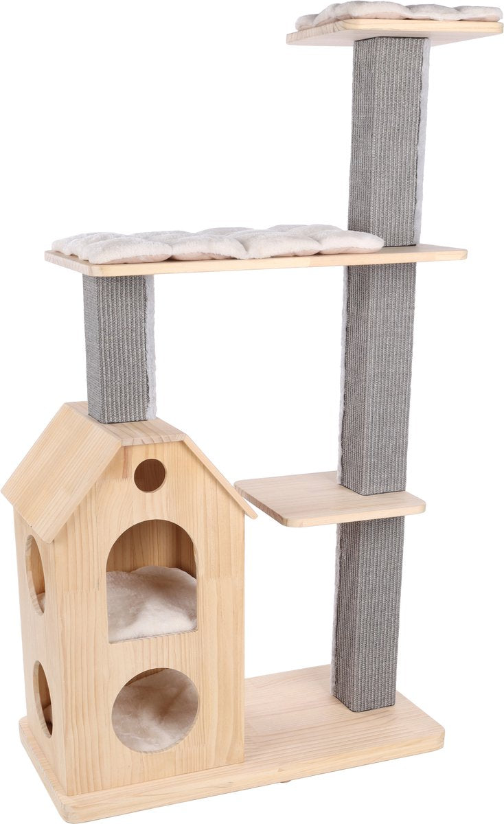 Flamingo Krabpaal – premium line casandra – 96x40x135 cm – luxe houten krabpaal met ligplateaus schuilhuisje – krabmeubel met sisal krabmat wasbare kussens – design kattenboom