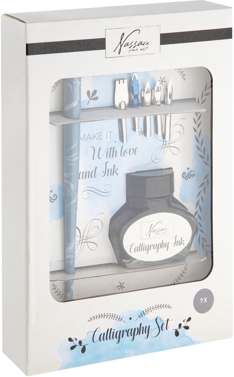 Nassau Fine Art kalligrafie set - 5x kalligrafiepennen - penhouder met zwarte inkt - luxe cadeaudoos - handlettering, journaling creatief schrijven
