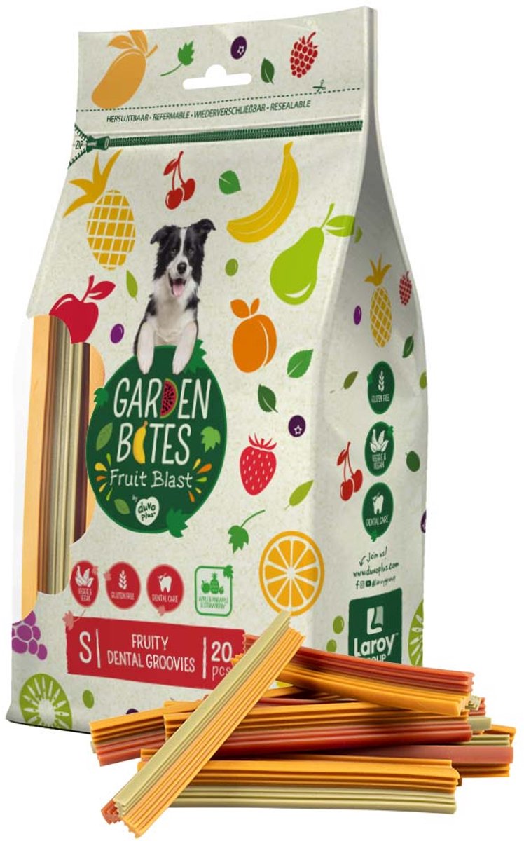 Duvo Plus garden bites - fruity dental groovies hondensnacks - hondensnoepjes - vegetarisch glutenvrij - small 20st