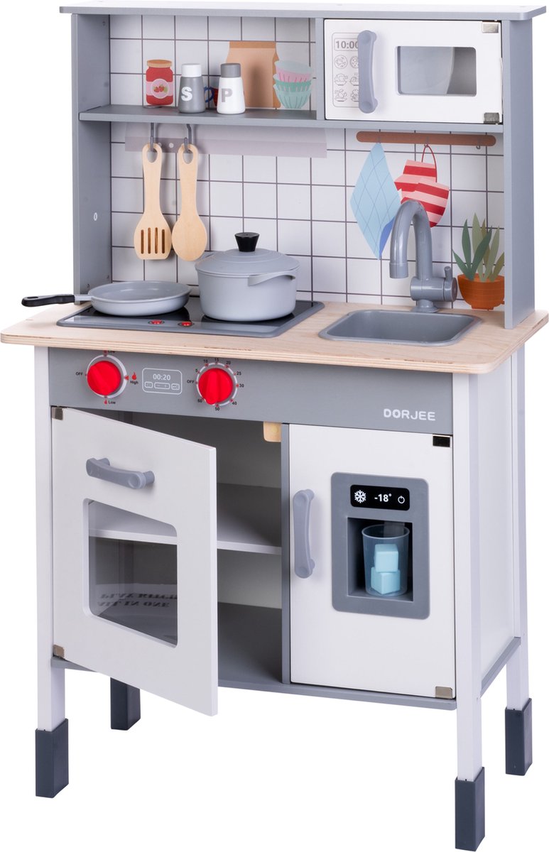Dorjee Houten speelkeuken – complete kinderkeuken met accessoires – oven, magnetron koelkast – inclusief pannen, spatels ijsmachine – kinderspel fantasiespel –
