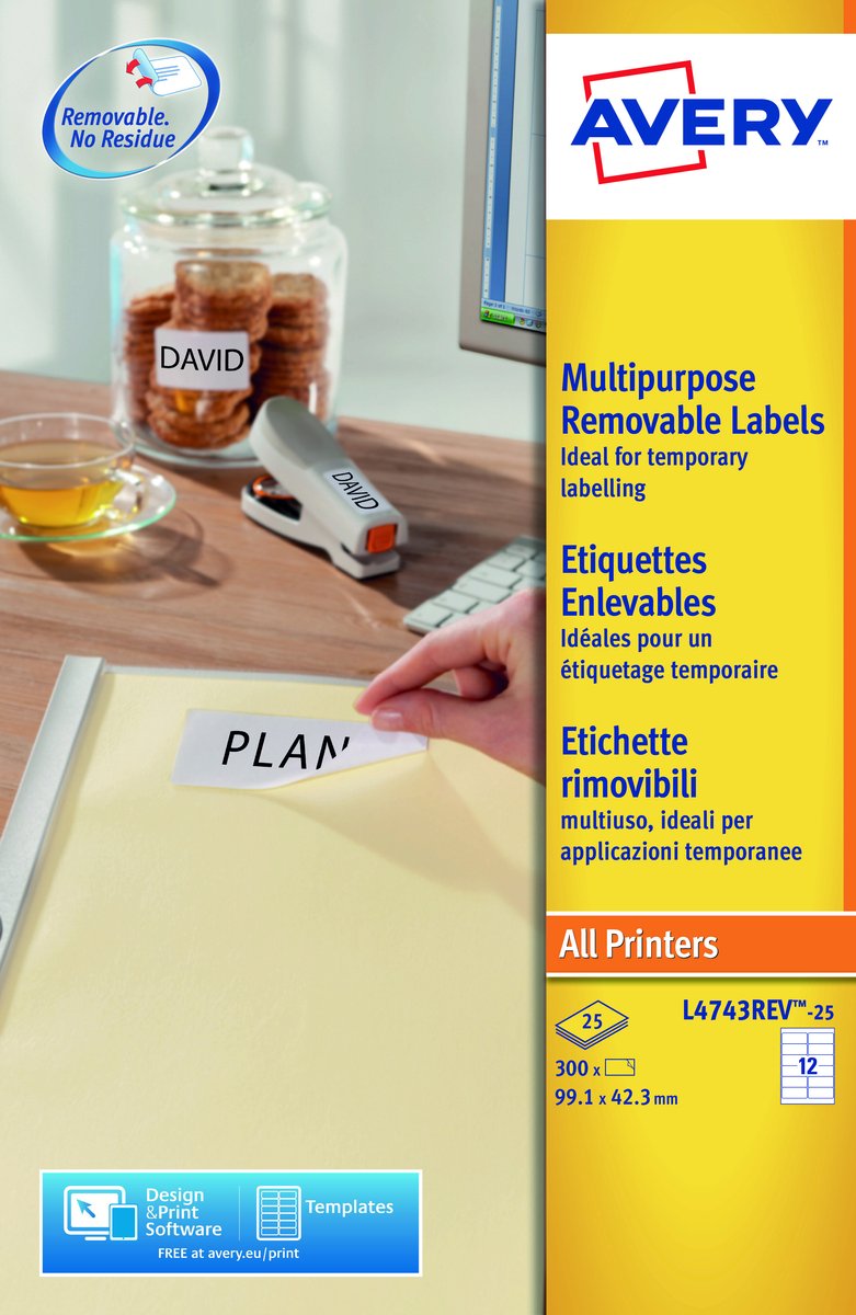 Merkloos Sans Marque Avery afneembare etiketten, wit, 99,1 x 42,3 mm, afneembaar