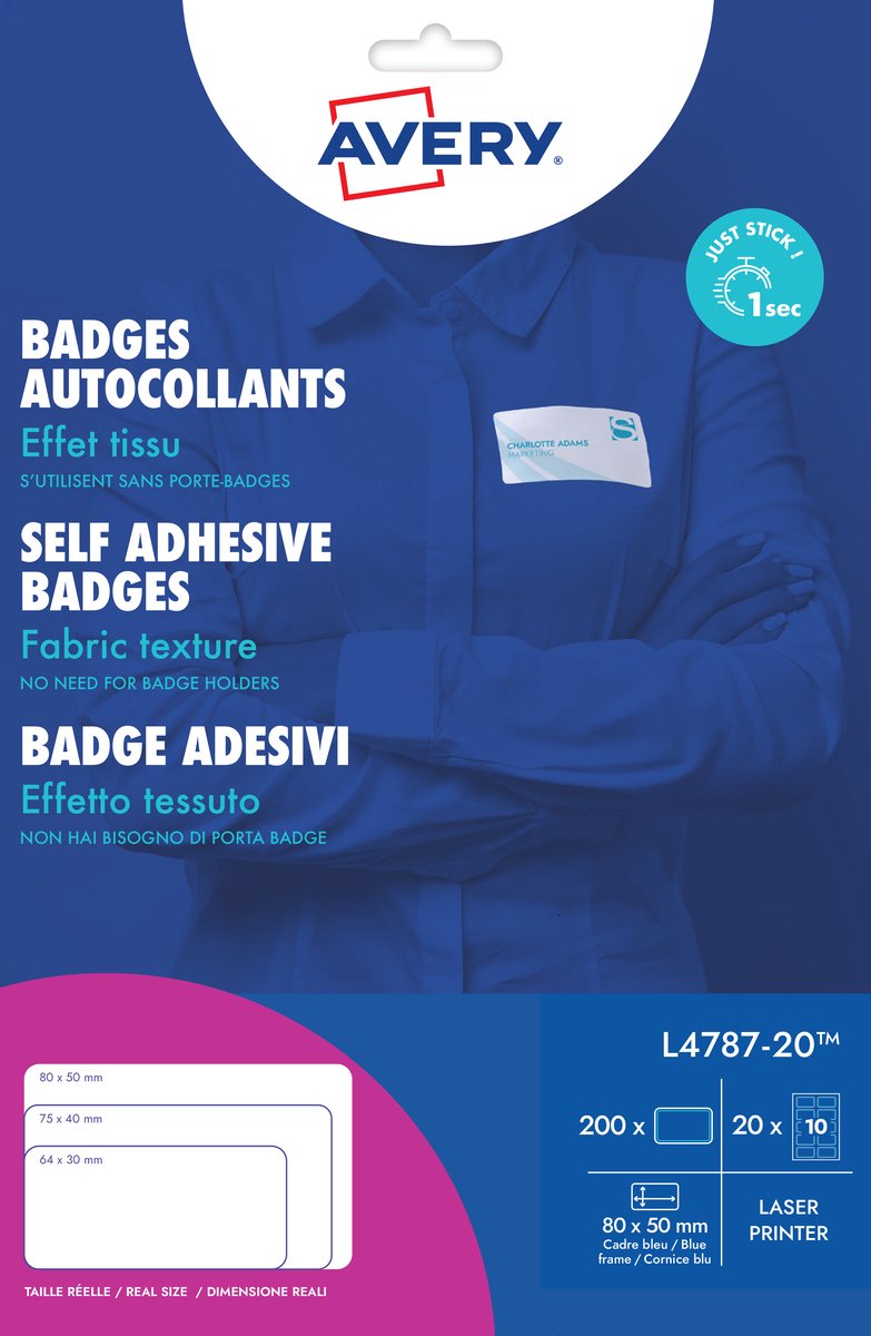 Avery Badge etiket 50x80mm np 20 vel 10 etiketten per vel wit blauw