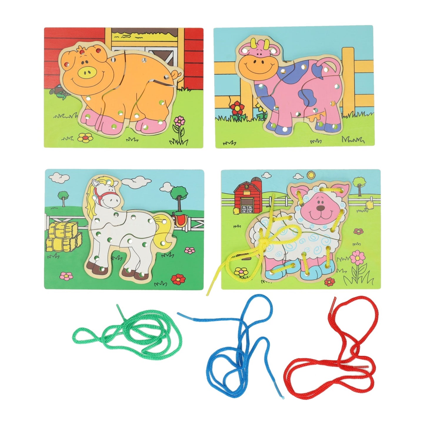 Lobbes Houten rijgpuzzel boerderij, set van 4