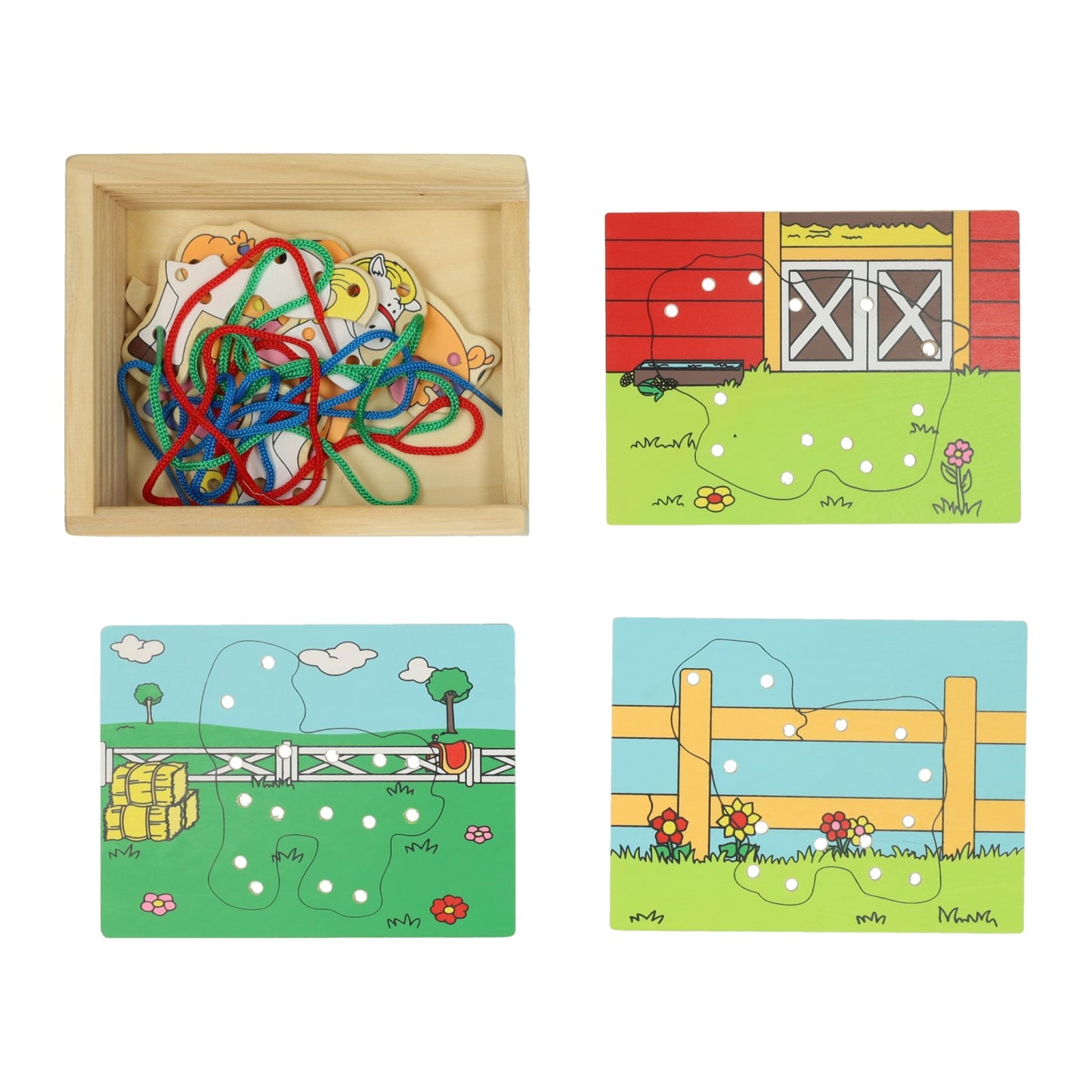 Lobbes Houten rijgpuzzel boerderij, set van 4