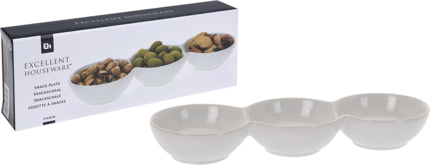 Excellent Houseware Snackschaal porselein 3-vaks 24x8x3cm