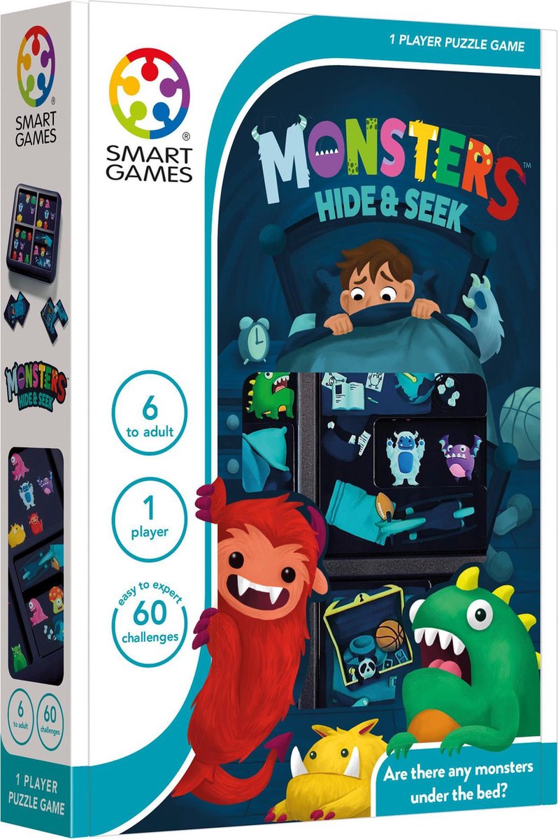 SmartGames monsters hide seek - compact logisch denkspel - 60 educatieve monster uitdagingen - reisspel solospel - vanaf 6 jaar