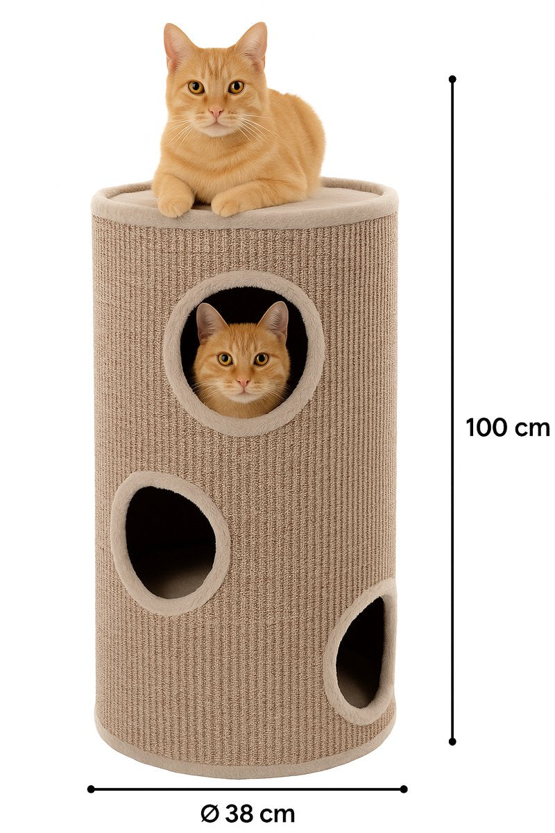 Flamingo Krabton voor katten – krabton greta grijs naturel lichtbruin l – ø38x100 cm – luxe krabmeubel met 3 verdiepingen –