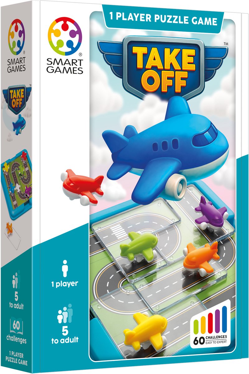 SmartGames take off - logisch denkspel reispuzzel - 60 opdrachten met vliegtuigen - educatief solospel voor kinderen en volwassenen - vanaf 8 jaar