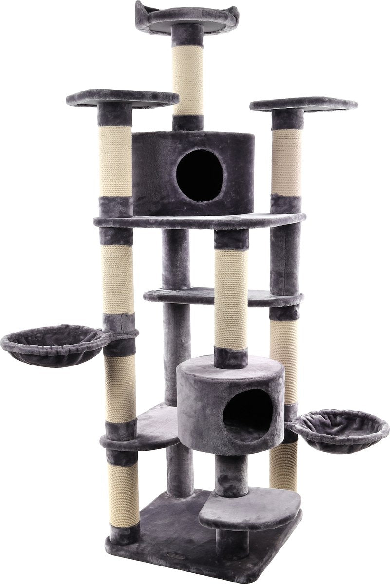 Flamingo Krabpaal giganto grijs wit – 207 cm hoog – xxl kattenkrabpaal met 2 huisjes, 7 plateaus hangmatten – first class selection