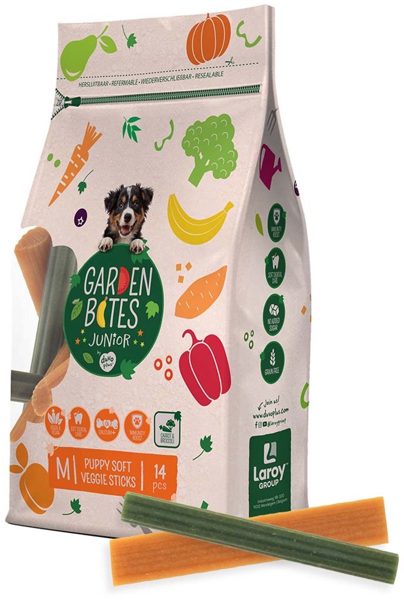 Garden Bites Duvoplus - soft veggie sticks hondensnacks - hondensnoepjes - vegetarisch glutenvrij - puppy medium 14st