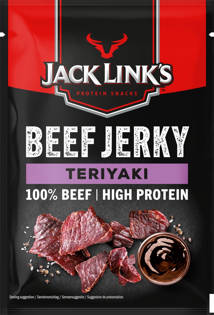 Jack Link's teriyaki beef jerky - high protein - 100% beef - hoog in eiwitten - ideale proteine snack - voor tussendoor, onderweg of voor het sporten - 12x25g