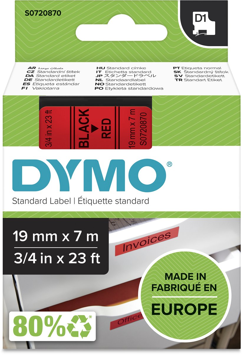 DYMO originele d1 labels | zwarte tekst op rood label | 19 mm x 7 m | zelfklevende etiketten voor de labelmanager labelmaker | gemaakt in europa