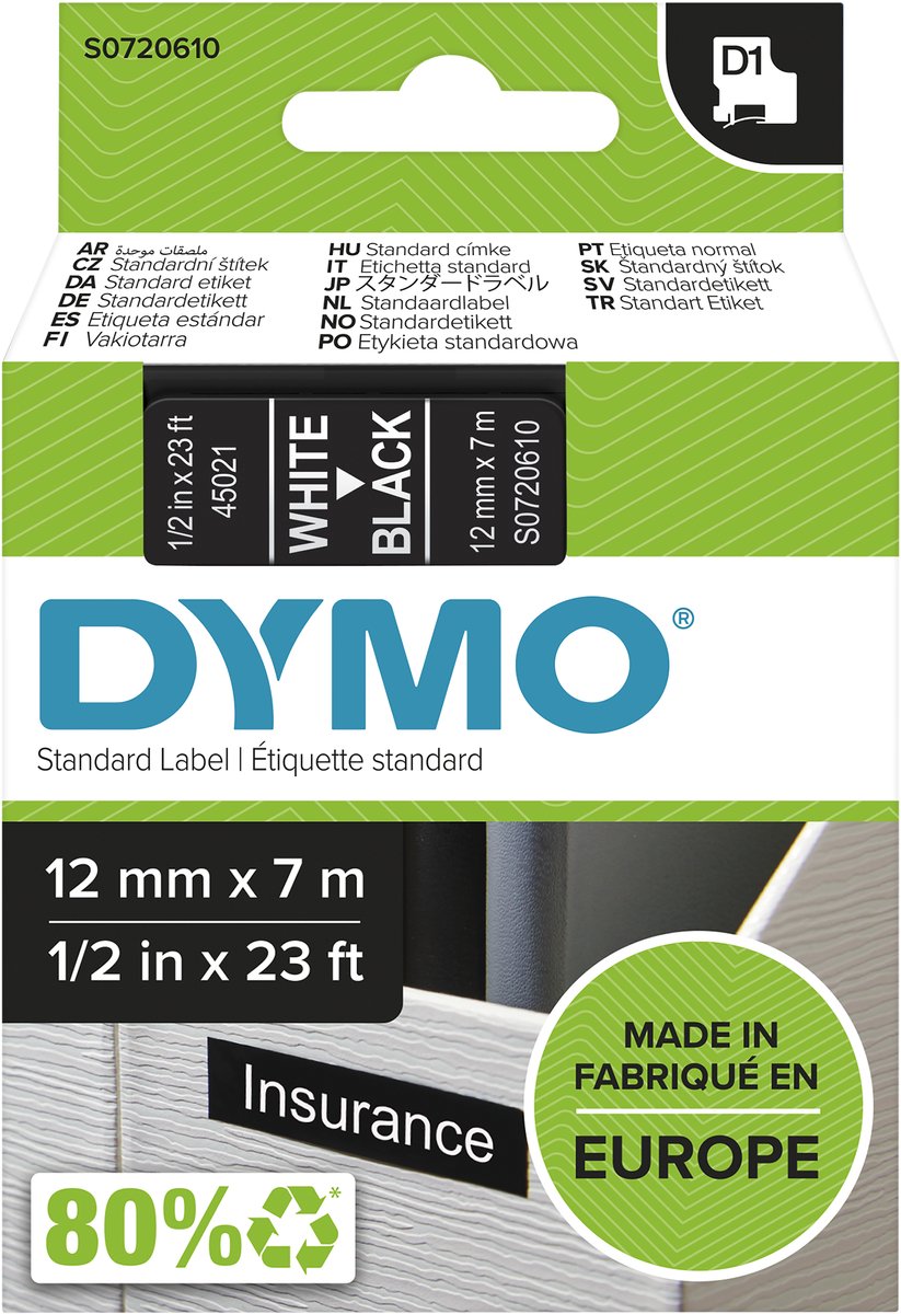 Merkloos Sans Marque Dymo 45021 labeltape tapekleur: zwart tekstkleur: wit 12 mm 7 m - doos 5 stuks