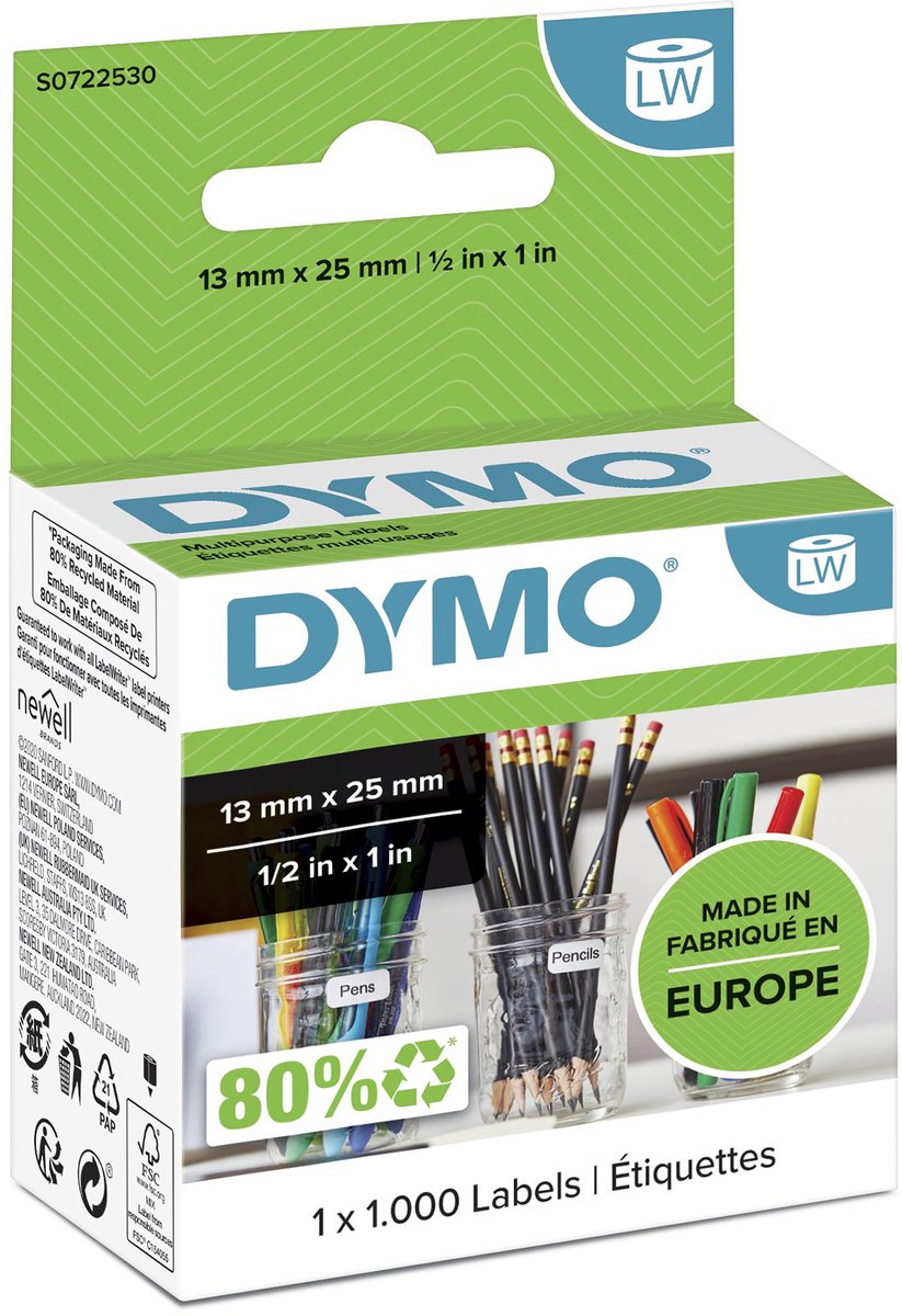 DYMO originele kleine labelwriter multifunctionele labels | 13 mm x 25 mm | 1000 zelfklevende etiketten | gemakkelijk te verwijderen labels voor de labelwriter labelprinters | gemaakt in europa