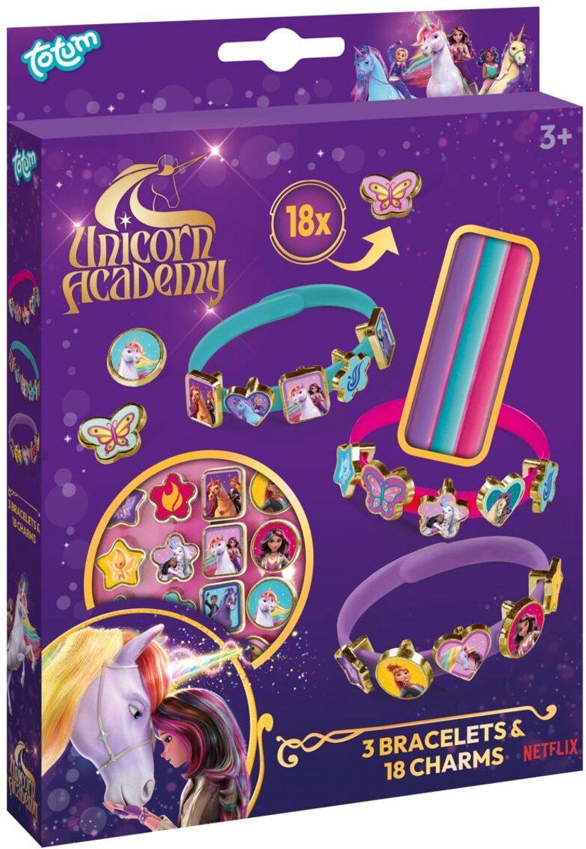 Totum Unicorn academy speelgoed 3 schuif armbandjes maken met 18 bedels - speelgoed meisjes vanaf 3 jaar - cadeau tip