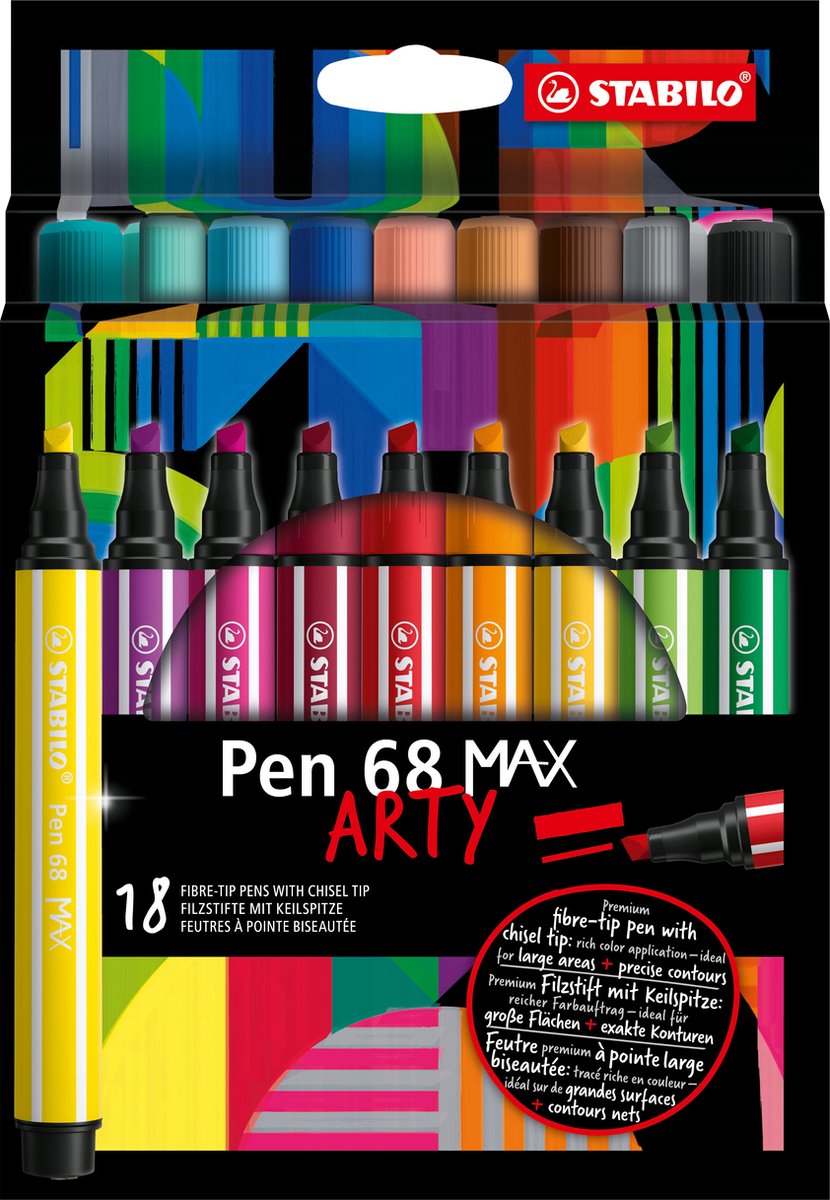 STABILO pen 68 max arty - viltstift met dikke beitelpunt - set 18 stuks