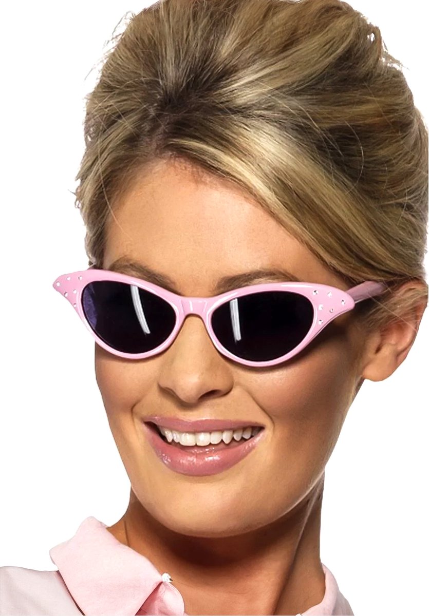 Smiffys Rock en roll pink lady zonnebril - roze grease ladies bril met strass