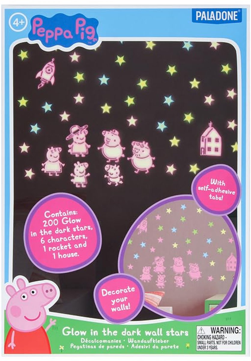 Paladone Peppa pig glow in the dark wall decals – officieel gelicentieerde kinderkamerdecoratie met 200 sterren en personages-
