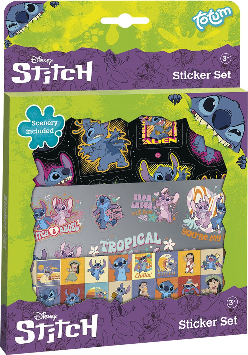 Totum Disney stitch stickers - lilo stitch sticker set | 3 vellen met speeldecor | stickeren creatief knutselen speelgoed jongens en meisjes vanaf 3 jaar