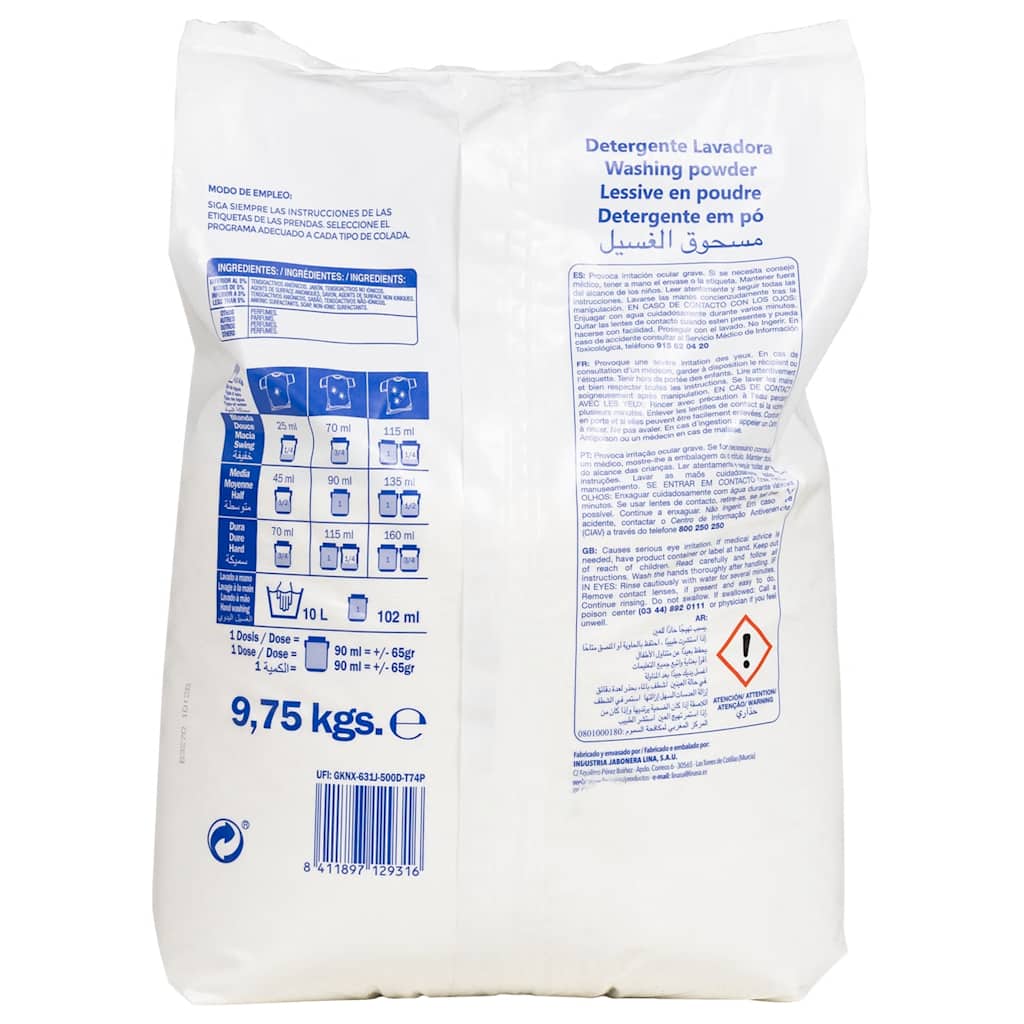 VidaXL Waspoeder voor 150 wasbeurten 9,75 kg wit
