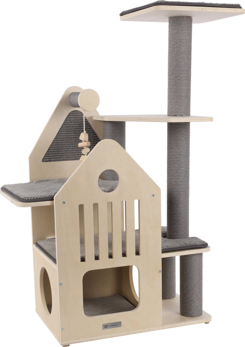 Flamingo Krabpaal – premium line kaisa – 82x38x114 cm – kattenkrabpaal met ligplateaus, schuilplaats speeltje – kattenmeubel met papieren krabtouw sisal krabmat – stijlvolle kattenboom voor alle kattenrassen