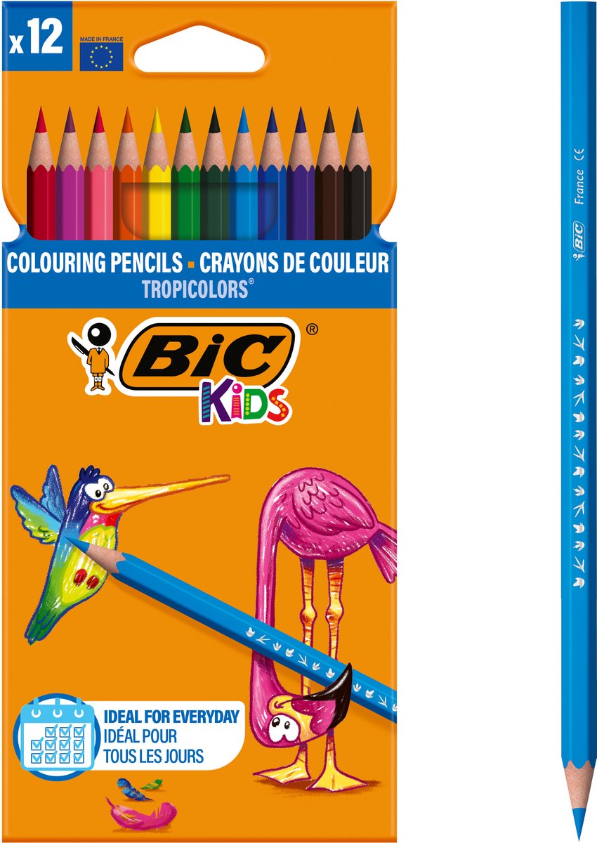 BIC kids tropicolors kleurpotloden met brede punt (2,9 mm) - diverse kleuren - doos van 12