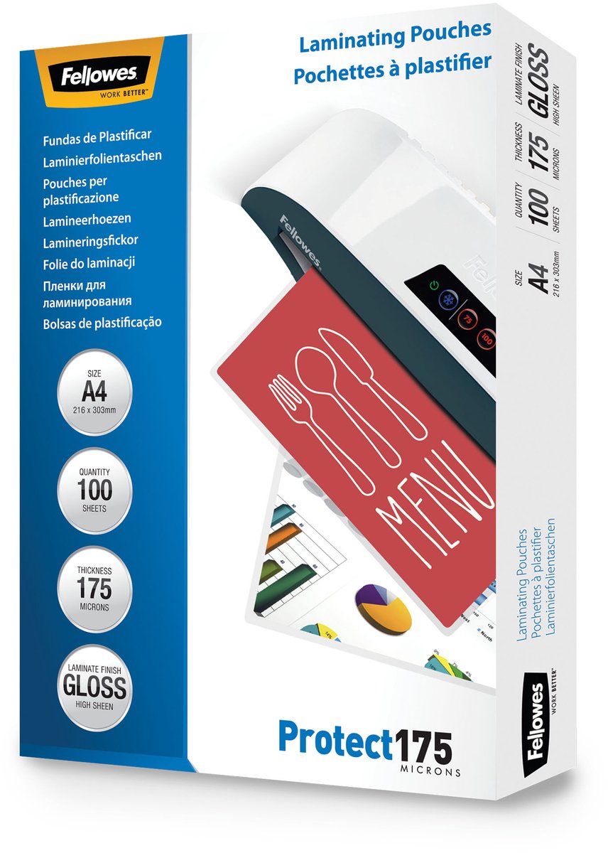 Fellowes Lamineerhoezen a4 175 micron – 100 stuks – glanzend – premium bescherming – geschikt voor alle lamineermachines