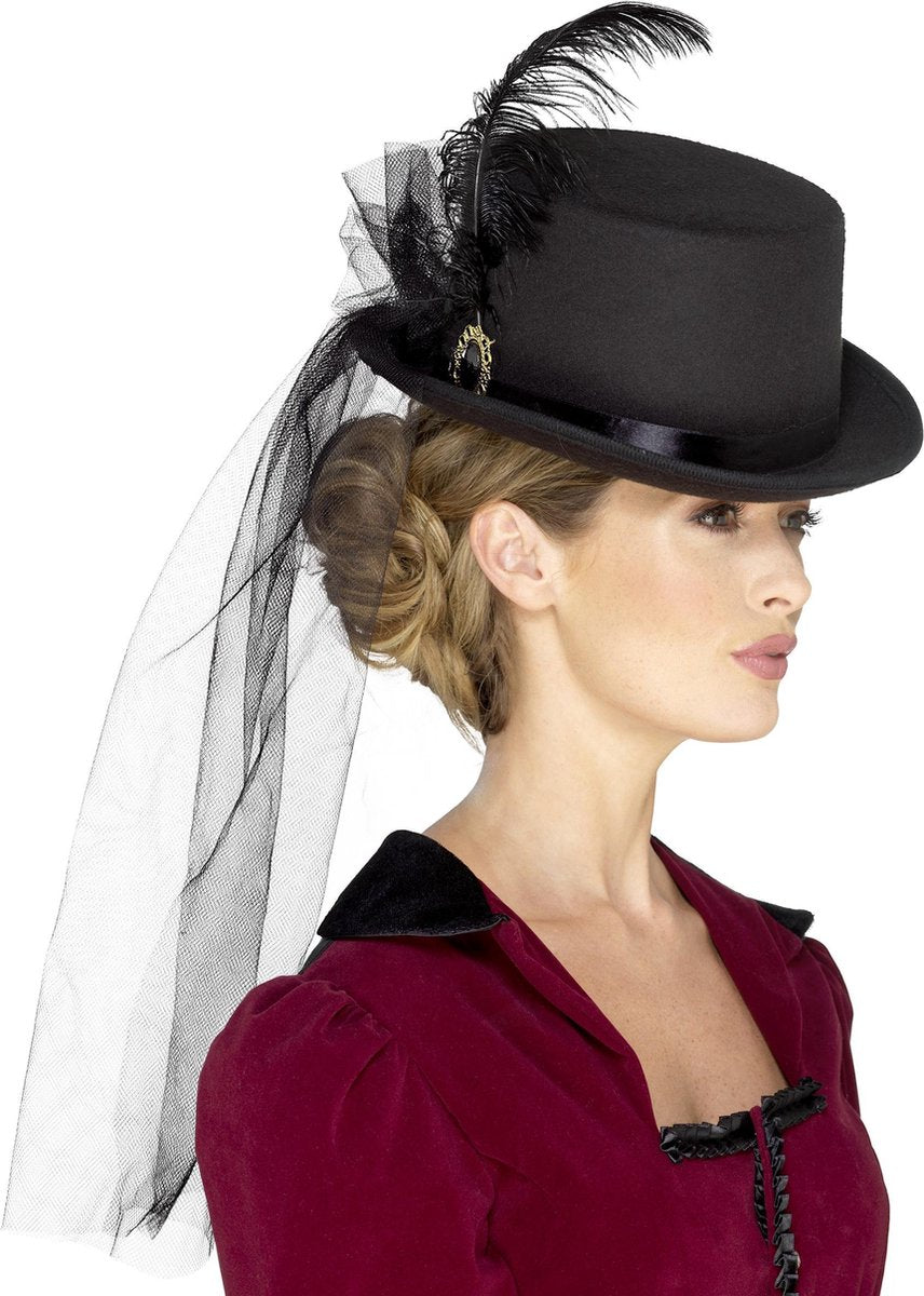Smiffys Smiffy's - steampunk hoge hoed met sluier voor vrouwen